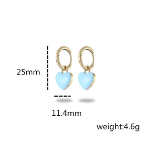 Golden hoop earrings with light blue enamel hearts featuring product size and weight labels