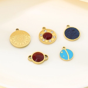 DIY stainless steel round starry pendants with micro-pave crystals and colorful enamel