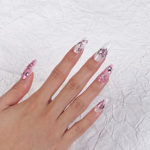 Press On Nails Long Stiletto Pink Sweet Style With 3D Butterfly Rhinestone Heart Artificial Pearl Star Plastic False Nails
