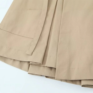 Front view of khaki twill cargo skort with pleated details and high-quality stitching