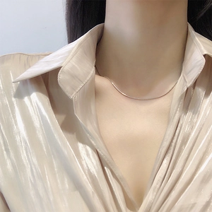 Close-up of minimalist silver snake chain necklace worn with a champagne silk blouse