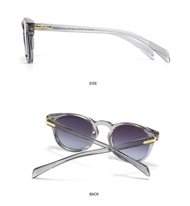 Detail view of translucent grey sunglasses showing side and back angles with gold accents