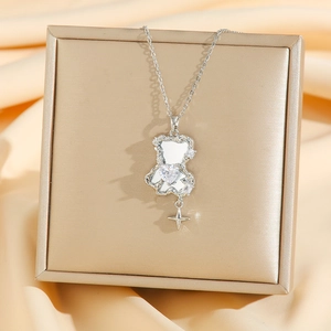 Mirror bear titanium steel necklace with heart crystal and star pendant for women