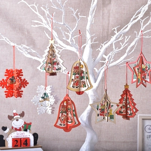3D Wooden Christmas Hanging Ornaments Hollow Laser Cut Tree Snowflake Star Bell Pendant Festive Party Decor