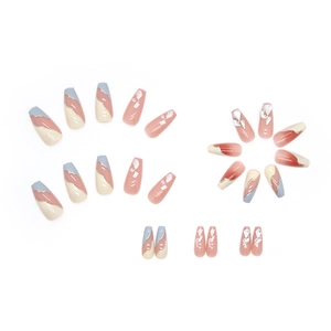 French style press-on nails with color blocking and silver 3D metal accents