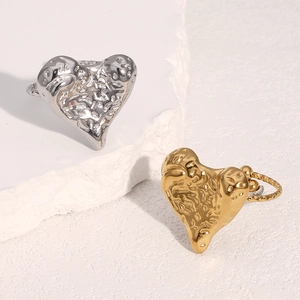 Heart Ring Stainless Steel 18K Gold Plated Hammered Texture Adjustable Open Ring Minimalist Jewelry For Women
