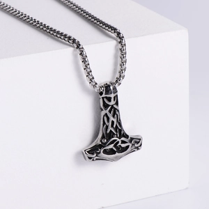 Vintage Mjölnir Thor's Hammer necklace with Celtic knots on stainless steel pendant