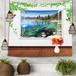 Detail view of 3D window tapestry featuring a scenic lake view with snow mountains