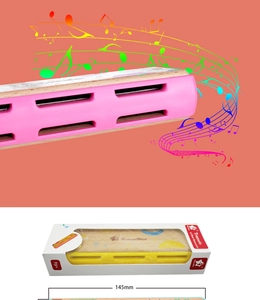 Detail of 16-hole wood tremolo harmonica showing pink and yellow models with 145mm size dimension
