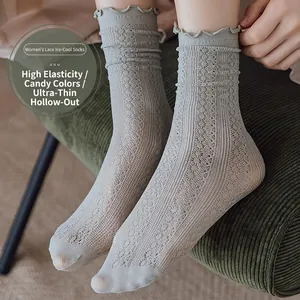 Women Slouch Socks Hollow Out Mesh Lace Trim Thin Breathable Cotton Crew Socks Solid Color Soft Casual Hosiery Accessory
