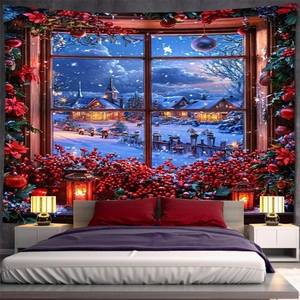 Christmas tapestry wall hanging featuring a snowy window view for festive bedroom decor