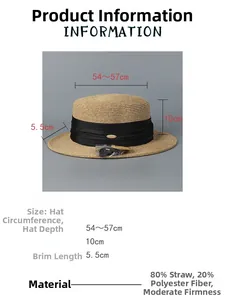 Détails du chapeau de paille kaki montrant les dimensions et le ruban plissé