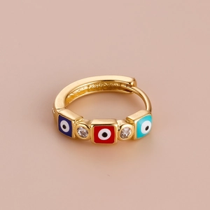 Bohemian gold hoop earring with colorful square evil eye beads and clear cubic zirconia