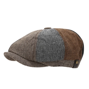 Retro patchwork herringbone newsboy cap for men and women with leather side detail
