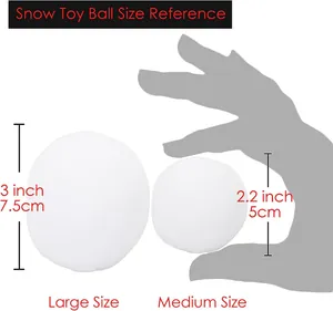 Size comparison of large and medium plush snow toy balls with hand silhouette reference