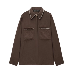 Women Satin Shirt Long Sleeve Coffee Brown Tweed Trim Pocket Blouse Elegant Casual Office Lady Top