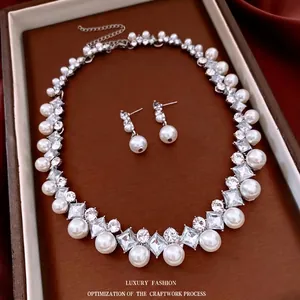 French vintage jewelry set with pearl and crystal necklace and matching drop earrings