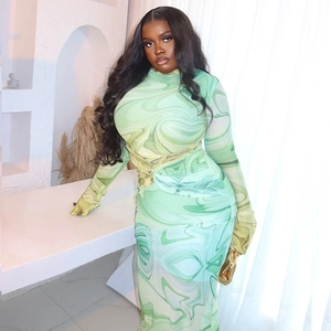 Elegant green marble print long sleeve mesh midi dress for women in bodycon style
