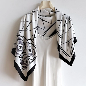 Camellia Flower Square Scarf Large Polyester Twill Satin Elegant Diamond Lattice Headscarf Shawl For Women