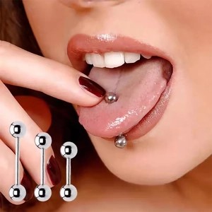 Surgical steel barbell tongue rings in three different lengths with silver metal finish