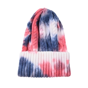 Chic tie-dye knit beanie featuring blue and red gradient patterns for winter outdoor warmth