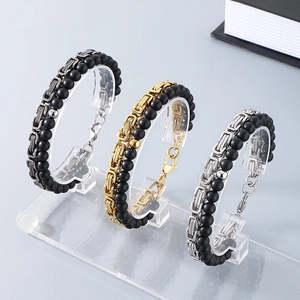 Mens vintage double-layer titanium steel byzantine chain with black onyx bead bracelet