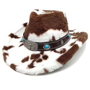 Western cowboy hat with brown cow print faux fur and retro bull head buckle belt