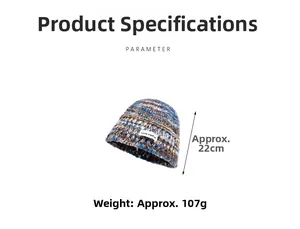 Detail showing the knitting pattern, product height of 22cm, and weight of 107g