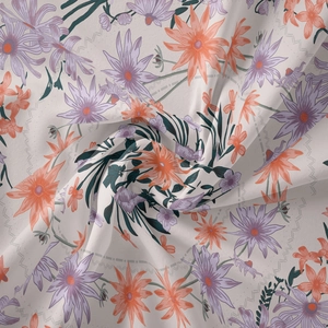 Detail of floral tapestry fabric with orange and purple flowers in a swirl pattern