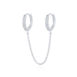 Detailed view of sterling silver cuff earrings with chain link and sparkling zircon stones