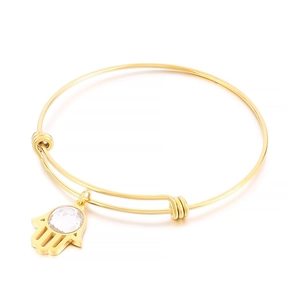 Adjustable golden stainless steel Hamsa bracelet with a clear faceted crystal pendant