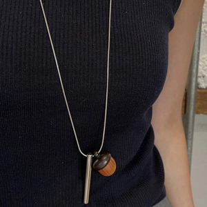 Minimalist Long Pendant Necklace With Copper Cylinder And Wood Acorn Charm Sweater Chain For Women Creative Forest Style