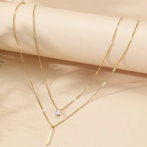 Collier Double Couche Acier Inoxydable Or 18K Avec Zircon Goutte D'eau Et Pendentif Barre Pour Femme
