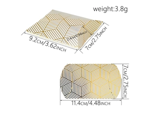 Detailed size chart for gold-foiled pillow gift box showing dimensions and weight metrics