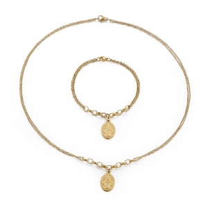 Gold stainless steel jewelry set with oval religious coin pendant and layered chain style
