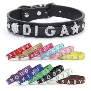 Colorful faux leather pet collars with customizable sparkling rhinestone letter names