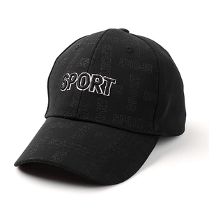 Detail of SPORT 3D embroidery and textured fabric on a black athletic baseball cap