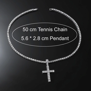 Silver iced-out cross pendant necklace with a 50cm tennis chain on black background