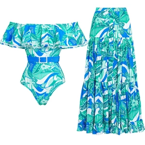 Tropical floral ruffle one-piece swimsuit and tiered maxi skirt set for beach vacation