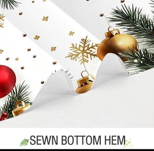 Close-up of the sewn bottom hem on Christmas themed digital print shower curtain
