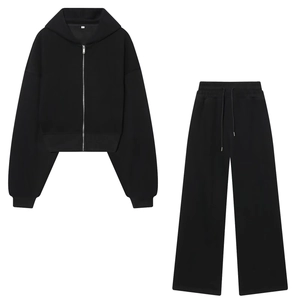Survêtement Femme Sweat À Capuche Court Zippé Et Pantalon Large Tricot Polyester Couleur Unie Décontracté Sport