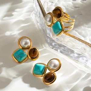 Vintage Adjustable Open Ring And Stud Earrings Stainless Steel With Faux Artificial Pearl Turquoise And Tiger Eye Gold Plated For Women