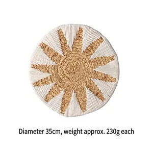 35cm Bohemian round woven wall decor with natural straw and white sunburst cotton accents