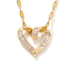 Polished gold heart necklace with sparkling zircon pavé on a fine link chain pendant