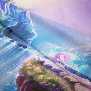 Detailed close-up showing soft plush texture of bohemian tapestry with fantasy landscape print