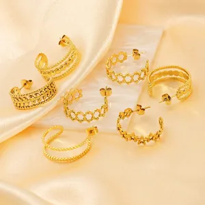 Stainless Steel Hoop Earrings 18K Gold Plated Hollow Star Geometric Beads Wheat Ear Texture Jewelry Women