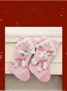 Detail of pink velvet Christmas stocking with 3D snowman, sequins and festive patterns