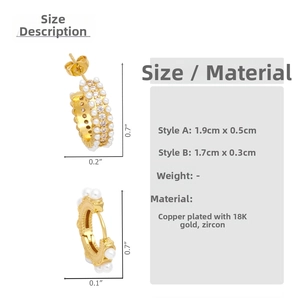 Size chart showing dimensions of 18K gold plated pearl C-shaped earrings with zircon