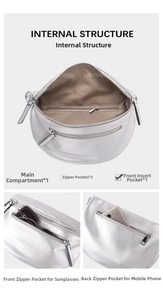 Internal compartments of silver crossbody bag showing pockets for phone and sunglasses
