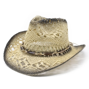Handwoven straw cowboy hat with a gradient design and decorative beads for summer beach